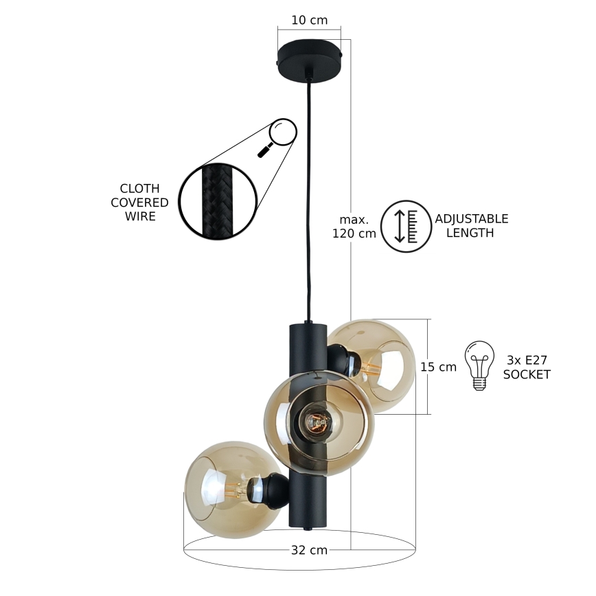 Żyrandol na lince TUBE 3xE27/60W/230V czarny/dymna beżowy