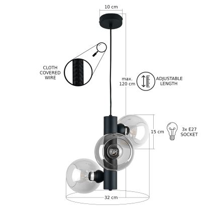 Żyrandol na lince TUBE 3xE27/60W/230V czarny/przezroczysty