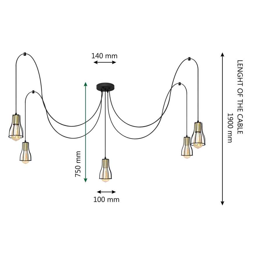Żyrandol na lince TUBE 5xE27/15W/230V pająk czarny/złoty