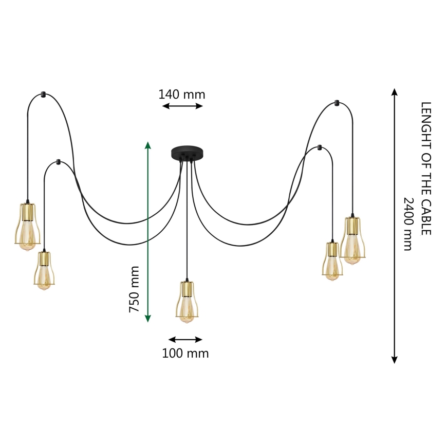 Żyrandol na lince TUBE LONG 5xE27/15W/230V czarny/złoty