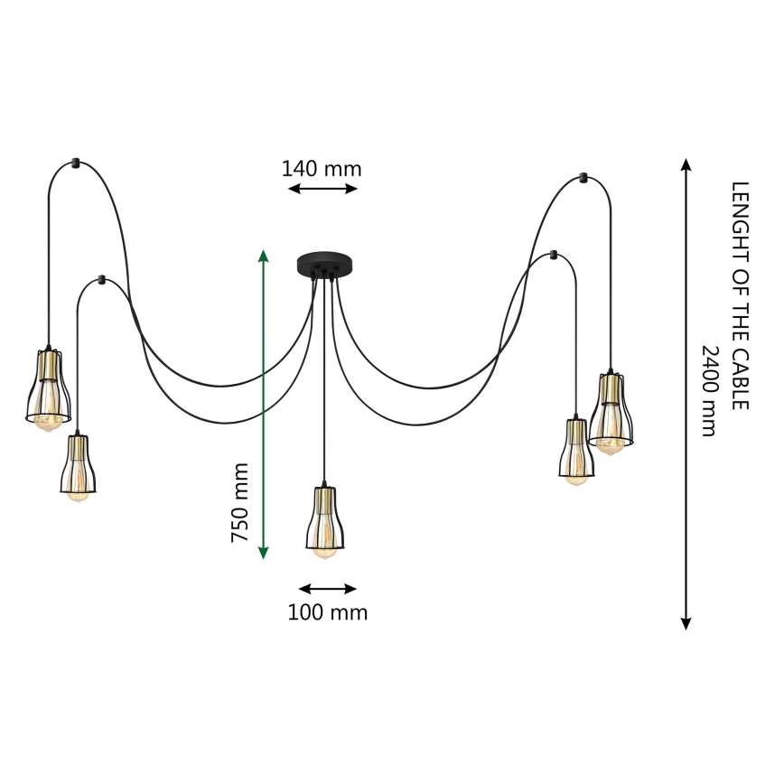 Żyrandol na lince TUBE LONG 5xE27/15W/230V czarny/złoty