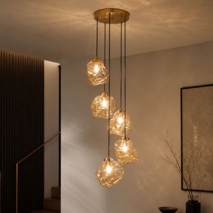 Żyrandol na linkach CRISTAL 5xE14/15W/230V mosiądz/przydymiony beż