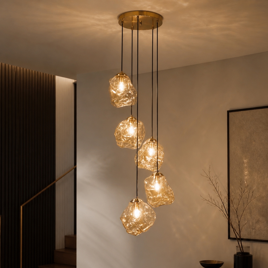 Żyrandol na linkach CRISTAL 5xE14/15W/230V mosiądz/przydymiony beż